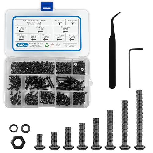642PCS M3 Button Head Screws（6mm-30mm ） Metric Screw Assortment Kit Metric Bolt Assortment Machine Screws with Lock Flat Washers Grade 10.9 Alloy Steel Hex Socket Head M3 642 Pcs Button Head （6mm-30mm）