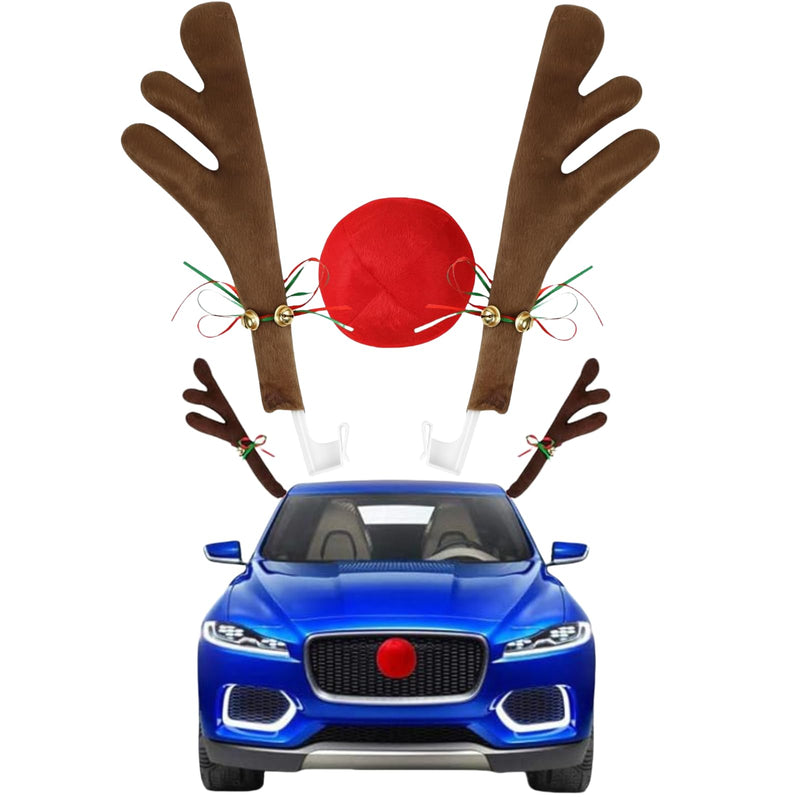 Car Christmas Decoration, Car Reindeer Antlers and Nose Set, Brown Christmas Reindeer Car Costume Christmas Antlers for Truck SUV Car Decor,Xmas Gift Set
