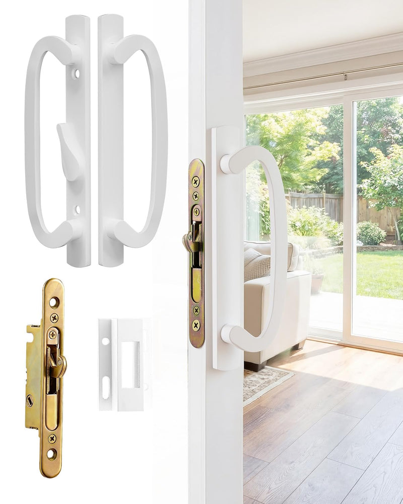 Offset Position Non-Keyed Sliding Patio Door Handleset, 45° Keyway 3-15/16" H.C., Fits 1-3/8" to 2-1/4" Thick Doors, White Diecast with Mortise Lock｜Off Center Thumb Latch Non Keyed-With Latch Lock+Keeper