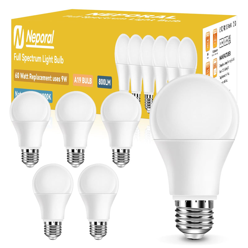 Full Spectrum Light Bulb, 6000K Natural Sunlight Bulbs, 9W 60W Equivalent LED Light Bulb, Natural Light Bulbs A19, E26/E27 LED Light Bulbs for Home, 6 Pack 6000k Daylight 6 Count (Pack of 1)
