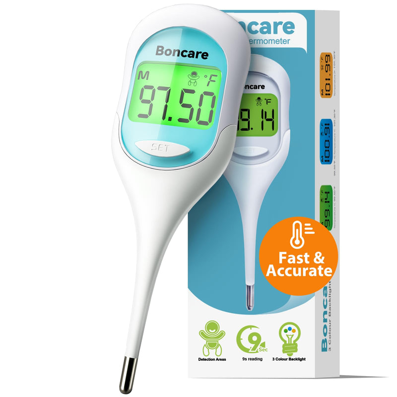 Boncare 9 Seconds Basal Body Thermometer for Ovulation, Oral Thermometer for Adults and Kids - Accurate Rectal Thermometer, with Fever Alarm and Large Display (Blue) Blue