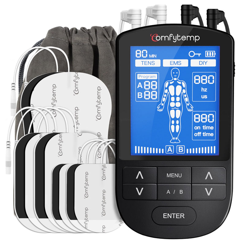 Comfytemp 4 Outputs TENS Unit for Sciatica Cover Multiple Parts, FSA HSA Eligible Rechargeable EMS&Massage TENS Unit Muscle Stimulator for Pain Relief with 24 Modes and DIY for Back, Shoulder, Neck