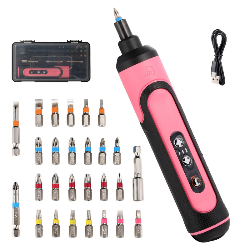 Electric Screwdriver Rechargeable, 4V Cordless Screwdriver, with 3 Gear Torque Adjustment and 26 Bits, Extension Rod, USB Charging Cable, Suitable for Furniture or Appliance Repair Pink