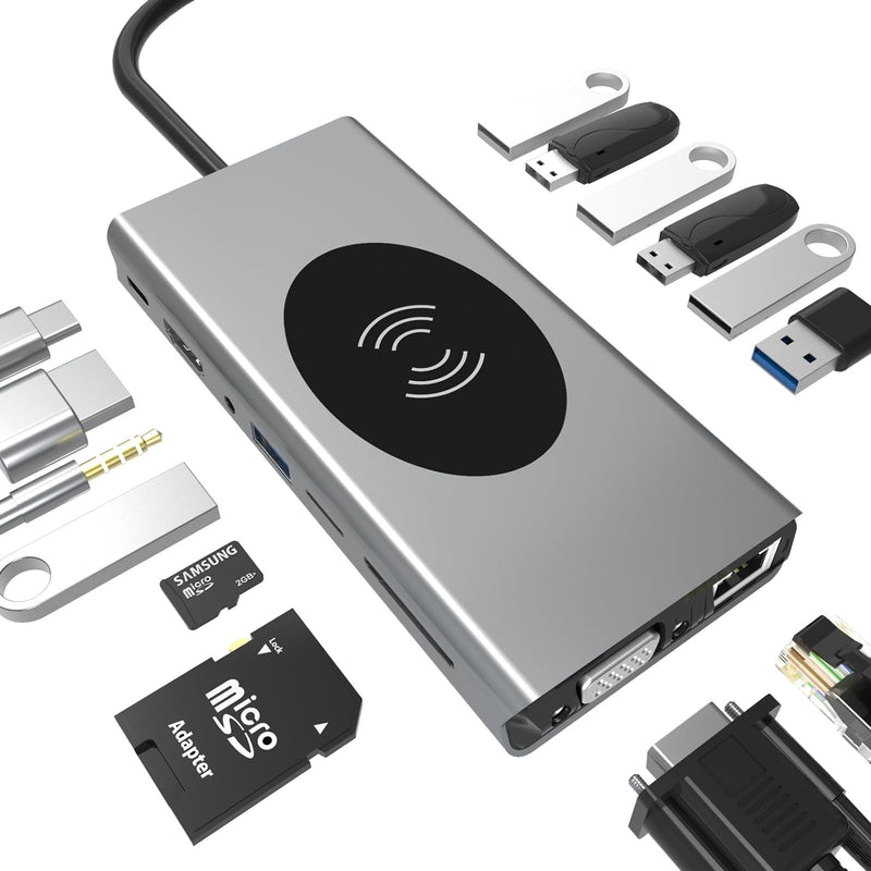 15-in-1 USB-C Docking Station with 4K HDMI, Wireless Phone Charger, for MacBook Pro/Air, Dell, Lenovo, HP - Including VGA, SD/Micro SD/TF Card Reader, Ethernet, USB-C PD,SUB 3.0 & USB 2.0, Audio Jack