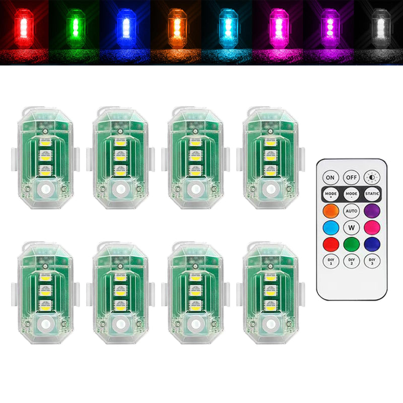 8Pcs Wireless LED Strobe Lights with Remote Control, RGB Led Aircraft Strobe Lights High Brightness 8 Colors Waterproof Anti-Collision Night Warning Lighting for Car Motorcycle RC Aircraft Bike