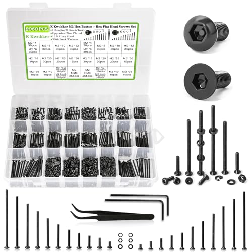 2060Pcs M2 Screw Kit Hex Socket Button & Flat Head Bolts and Nuts M2 - Button Head & Flat Head