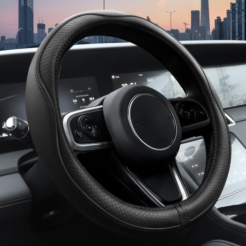 Ouzorp Car Steering Wheel Cover, Microfiber Leather Steering Wheel Covers with Anti-Slip Lining, Universal 14.5-15 inchs Black Black,Medium(Standard) Size[14.5"-15"]