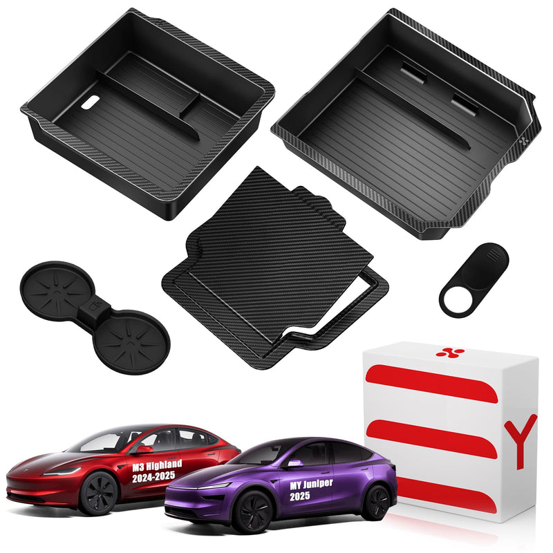 Upgraded Tesla Model Y Juniper Accessories 2026-2025 Center Console Organizer Tray 5PCS for Tesla Model 3 Accessories 2025 Highland, Hidden Storage Box, Cup Holder & Armrest Drawer Organizer BLACK