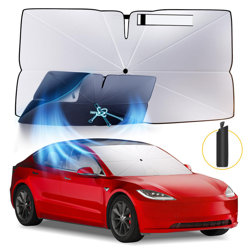 Windshield Sun Shade Umbrella Compatible with Tesla Model 3 2016-2024 2025: Highland Front Car Window Shades - Foldable Model 3 Sunshades Block UV Keep Cool for Model 3 2016-2023 2024 2025 Thickened-for Model 3 (Blocks 99% of UV & Heat)