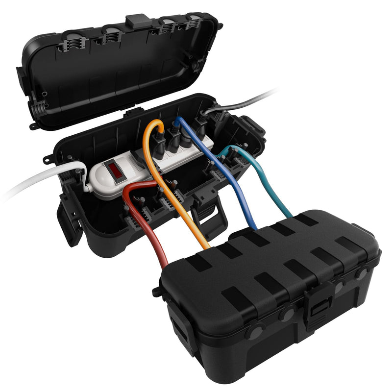 Flemoon [2 Pack] Outdoor Electrical Box Waterproof, Medium Weatherproof Electrical Box (11.5x5.2x4 inch) w/6 Cable Entry Ports, Extension Cord Cover for Power Strip, Timer, Plug, Holiday Light, Black 2 Pack