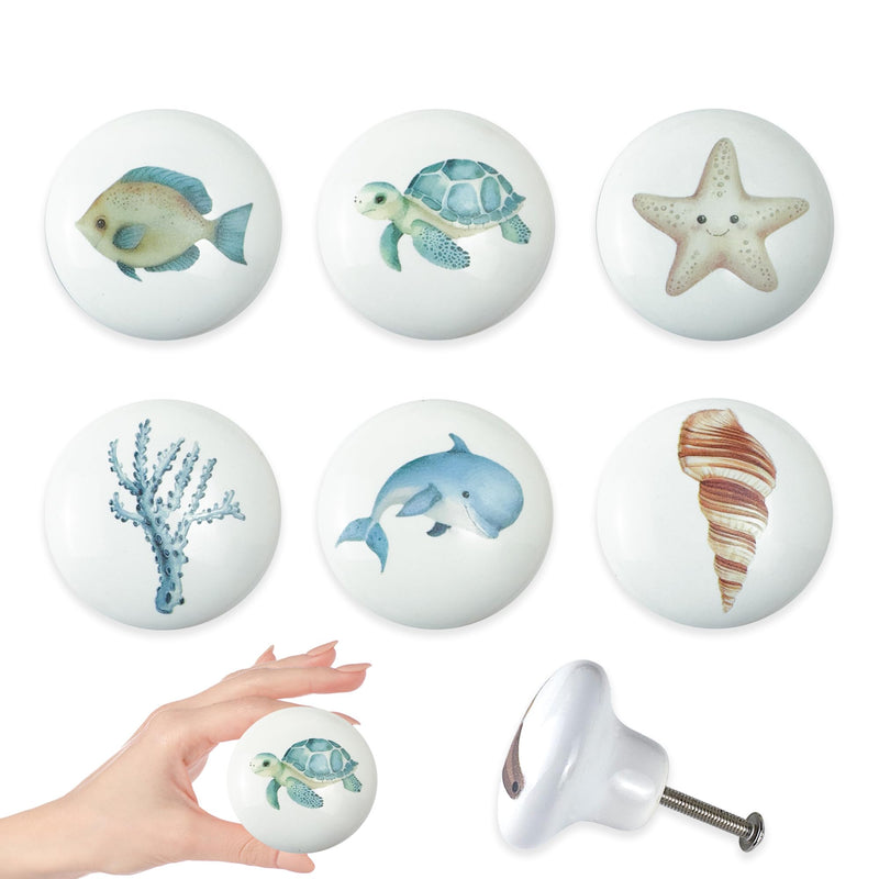 Set of 6 Ceramic Kids Nursery Fish Ocean Starfish Beachy Coastal Cabinet Dresser Drawer Door Handle Pulls Knobs 1.5 X 1.5 Inches conch