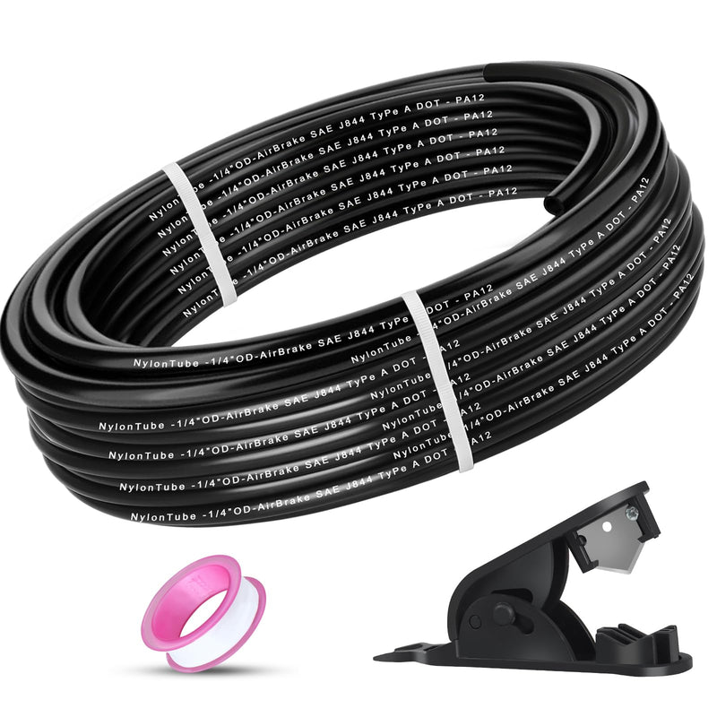 1/4" OD x 50FT DOT Air Line Tubing Kit Black SAE J844 PA12 Nylon Air Brake Hose with Cutter and Teflon Tape For Trailer Trucks RV Braking Systems or Fluid Transfer 1/4" OD 50FT