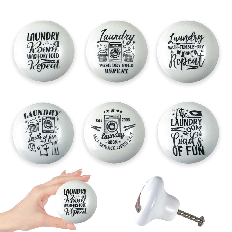 Set of 6 Ceramic Vintage Laundry Room Cabinet Drawer Knobs Black and White Furniture Cabinet Handles or Pulls 1.5 x 1.5 Inche