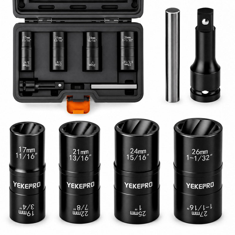 6PCS 2-in-1 Flip Lug Nut Extractor Socket Set, 1/2" Drive Nut Remover Kit, Double-Sided Impact Twist Sockets for Removing Stripped, Rusted & Damaged Lug Nuts, with Extension Bar & Knockout Pin