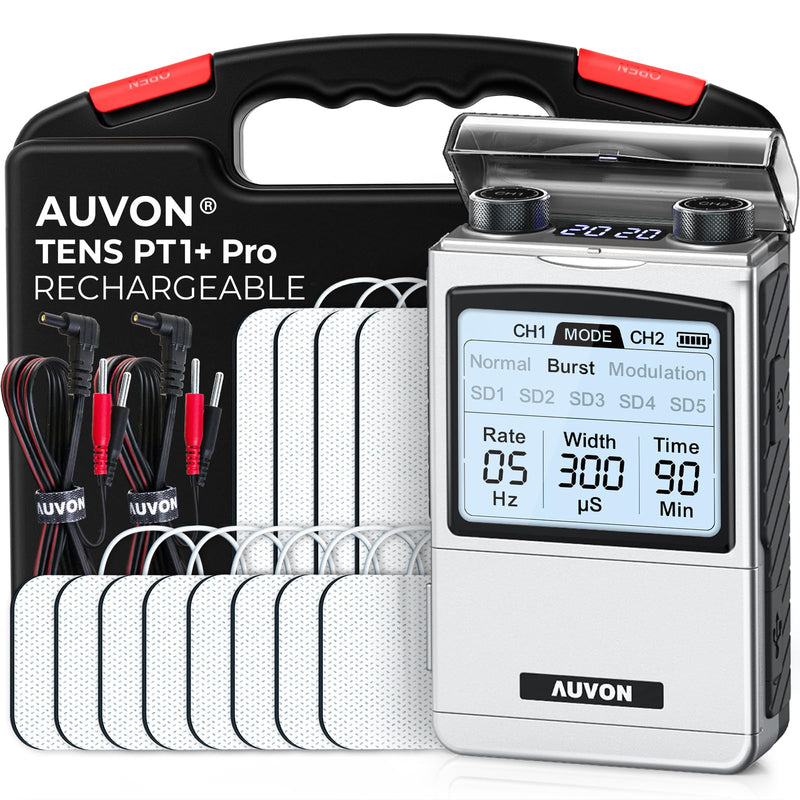 AUVON Rechargeable TENS Unit Muscle Stimulator, FSA HSA Eligible, Digital TENS Machine with 8 Customizable Modes, Electronic Massager for Sciatica, Shoulder & Back Pain Relief, 12 Pads, A Carry Case