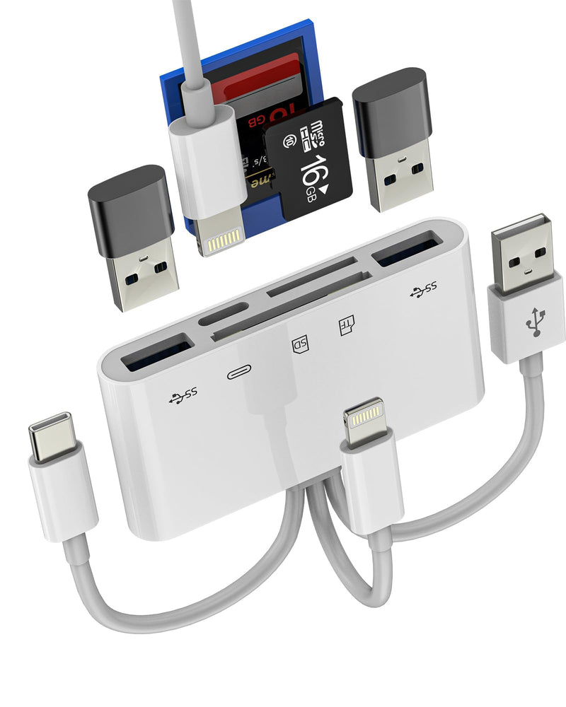 Lightning USB C USB Adapter SD and Micro SD Card Reader OTG 5 in 1 for Apple for iPhone16 15 14 for iPad PC Camera Memory Card TF Photo Transfer USB Flash Drive