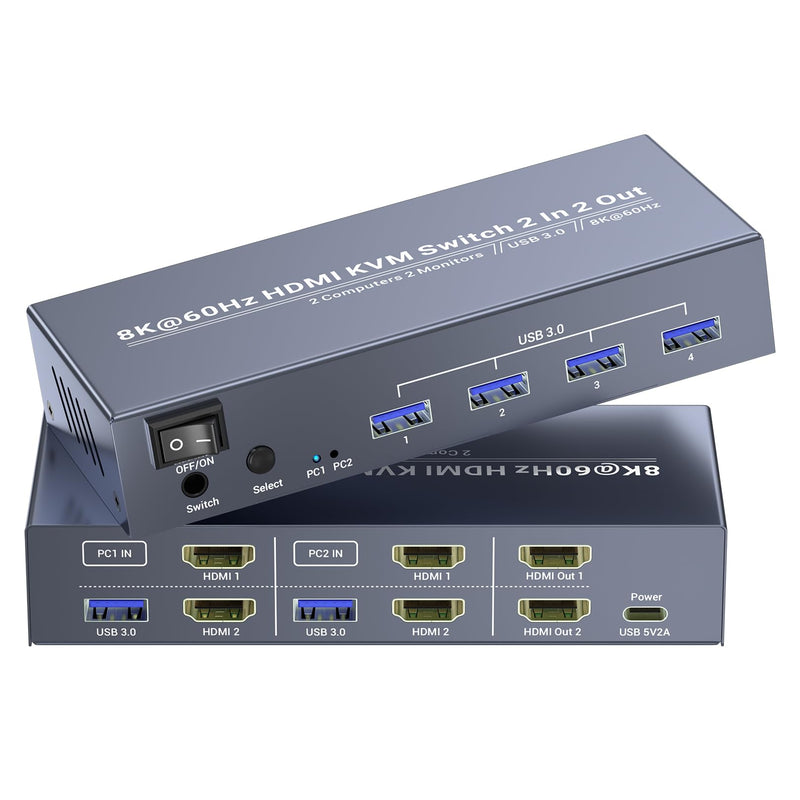 8K60Hz 4K120Hz HDMI KVM Switch 2 Monitors 2 Computers, USB 3.0 Dual Monitor HDMI KVM Switch for Controlling 2 PC with 1 Set of Keyboard, Mouse and 2 Monitors 8K 2 Monitors 2 Computers