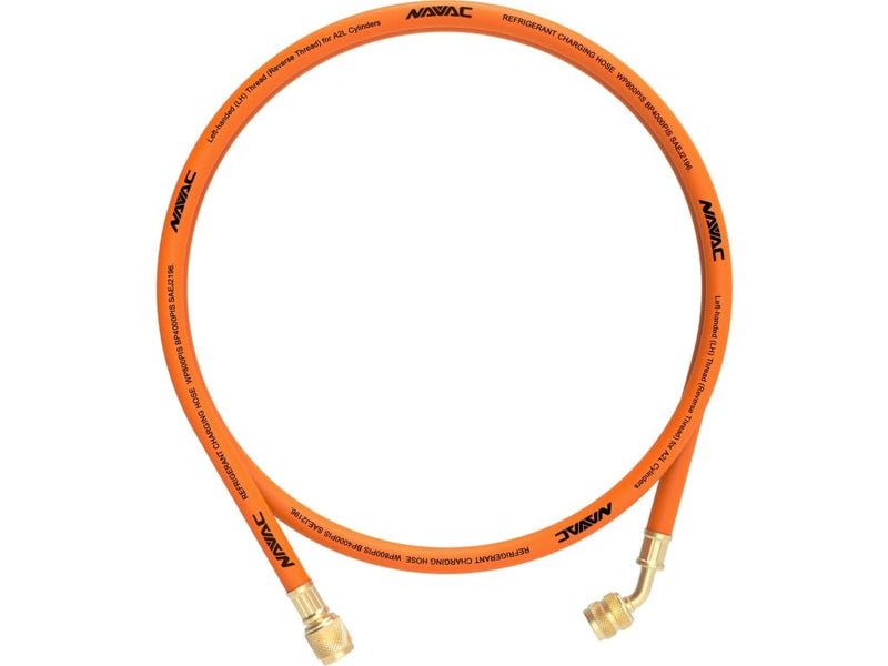 Navac Refrigerant Hose without Ball Valve - Orange, for A2L Systems, Reverse Thread, 1/4 Inch SAE 45 Degree Fittings, Leak-Proof 8-Sided Crimp, Replaceable Gasket, Adjustable Depressor, 800 psi, 5ft