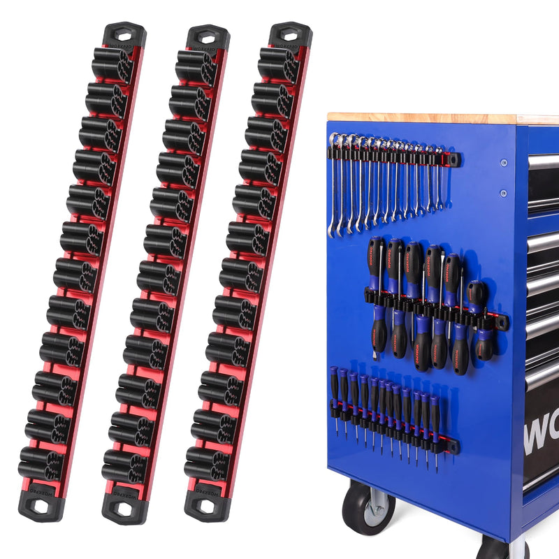 WORKPRO Magnetic Screwdriver Organizer and Wrench Organizer, Aluminum Rail Magnetic Tool Organizer, Tool Holder, Toolbox Organization, 36-Slot Screwdriver and Wrench Holder (Tools not Included) 3 Pack Red