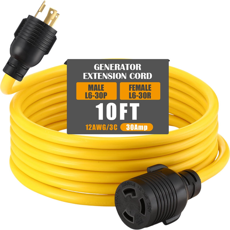 Tellegloww NEMA L6-30 Generator Extension Cord, NEMA L6-30P Male Plug to L6-30R Female Receptacle 3 Prong 30 Amp Generator Locking Power Cord, 3x12 Gauge, 250volt 7500watts Power Cable(10ft) 10FT