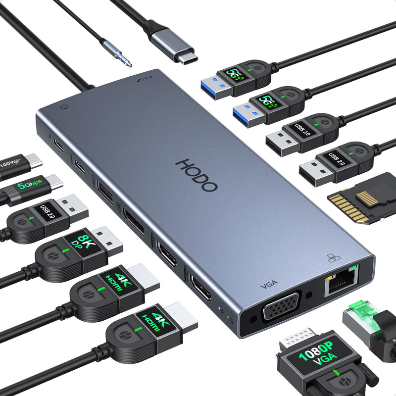 USB C Docking Station Dual Monitor for HP,Laptop Docking Station 3 Monitors | USB C Hub Dock with Dual 4K HDMI+8K DP+VGA+6USB+PD+Ethernet+SD/TF,USB C Adapter 15 in 1 Computer Docking Station for Dell 15-in-1((Gray)