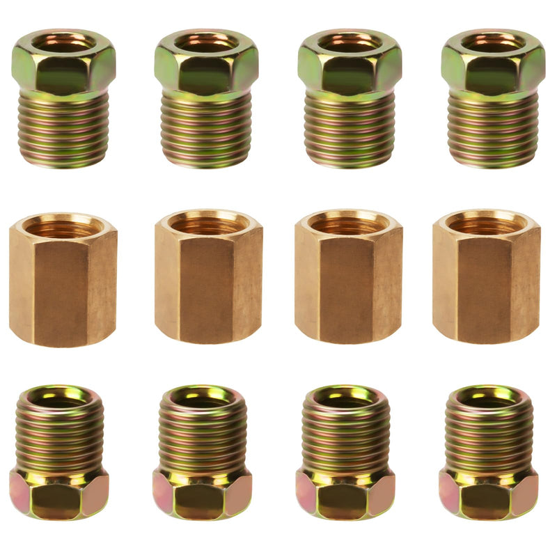 1/4 Brake Line Pressure Fittings, 12 Pieces 7/16 Inch-24 Threads Brass Brake Line Fitting Assortment for 1/4 Inch Brake Line Tube (4 Unions, 8 Nuts)