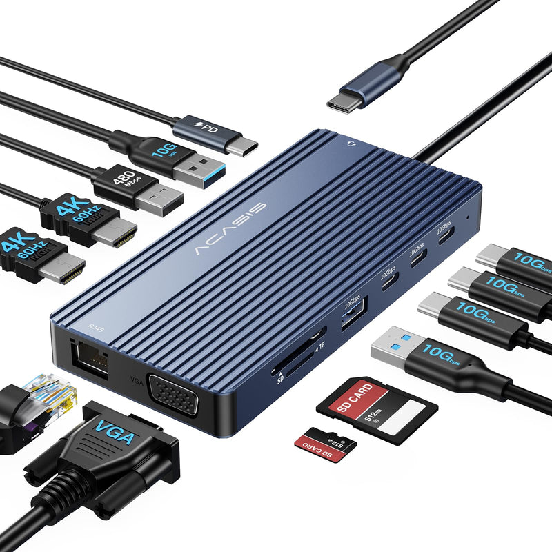 ACASIS USB C Docking Station Dual HDMI Monitor,14 in 1 Laptop Docking Station 3 Monitors, 2 * 4K HDMI+1080p VGA+100W PD+Ethernet+5*USB 3.1+SD/TF+Audio Adapter, USB C Hub for Dell/Lenovo/HP/ThinkPad Grey