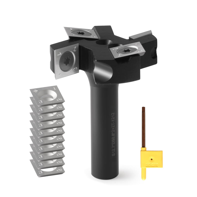 CNC Spoilboard Surfacing Router Bit 1/2" Shank,Carbide Insert Surfacing Router Bit with 2" Cutting Diameter, 2+2 Slab Flattening Router Bits with 10 PCS Indexable Insert(14x14x2mm for Flycutter 2" Dia 2+2 T Type