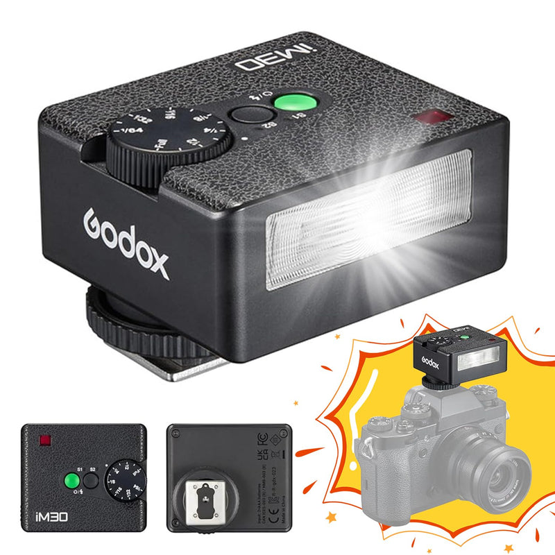 Godox iM30 Mini Flash for Single-Contact Hotshoe Cameras | Compatible Canon, Nikon, Sony, Fuji, Olympus, 7-Level Power Adjustment, 230 Full Power Flashes, S1/S2 Optical Slave Modes