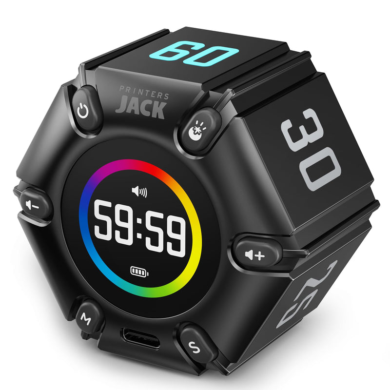 Jack Pomodoro Timer - Productivity Cube, Visual Focus Timer, Mute & Vibration & Adjustable Sound Alert, for Office, ADHD, Study, Work, 3/5/10/25/30/60min & Custom Countdown - Black Real Black