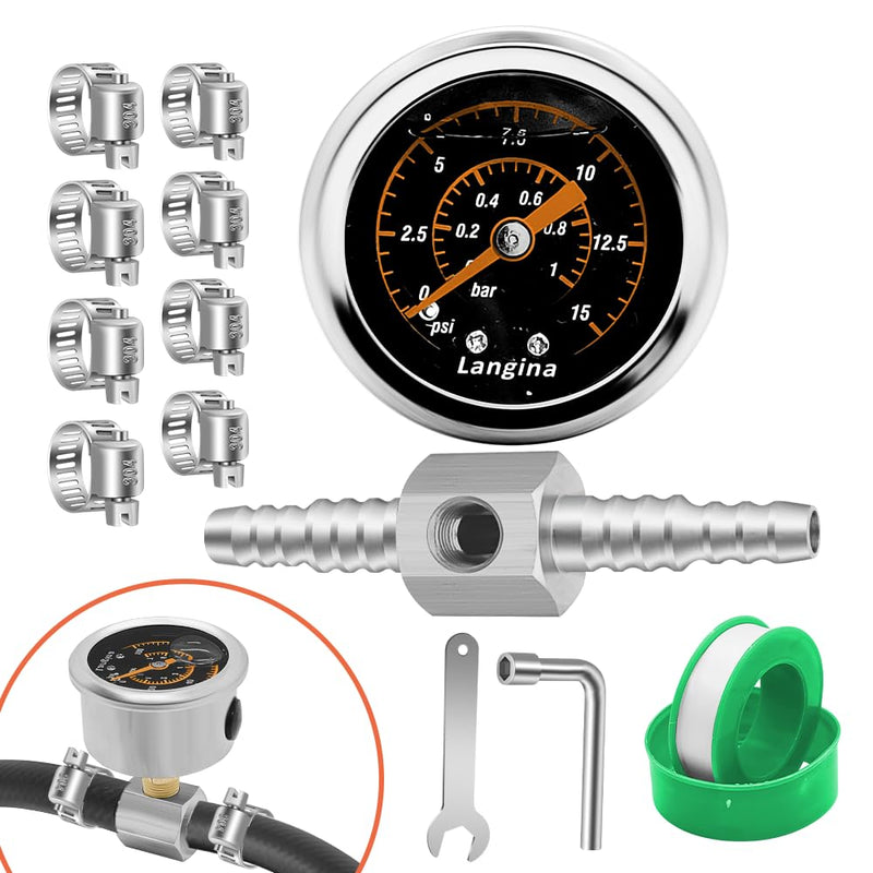 1/8" NPT Fuel Pressure Gauge Kit, 0-15psi Fuel Gauge, 1/8" Back Mount, Glycerin Filled Pressure Gauge with 2-Way Barbed Hose Fitting, Dual Use 5/16"(8mm) to 3/8"(10mm) Barb Fitting(304SS)