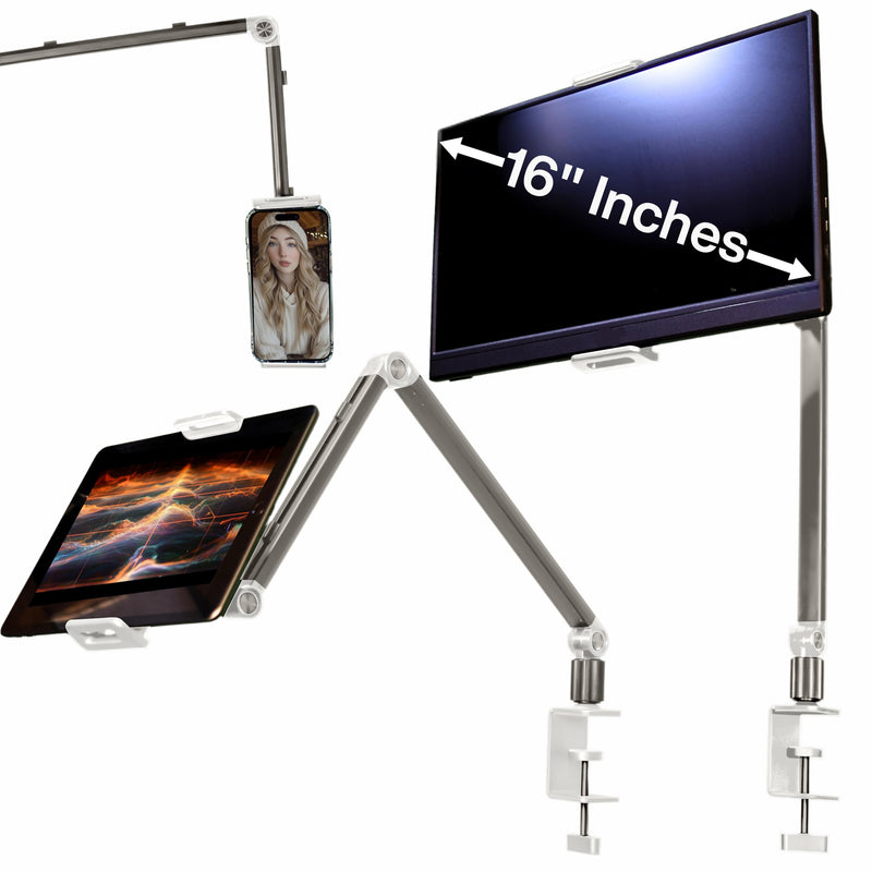 Stand for 16 Inch Portable Monitor - Heavy Duty Aluminum Mount with Infinite Angle Adjustment, Built-in Cable Management - Fits iPad Pro 12.9, Tablets, iPhone (Holds 4.7"-16" Devices) White