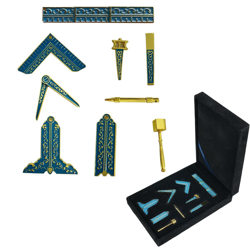 Imasoner Bondi Blue Enamel Masonic Working Tool Set, Miniature Freemason Ritual Tools with Velvet Box, Perfect Ceremonial Gift Set for Freemasons