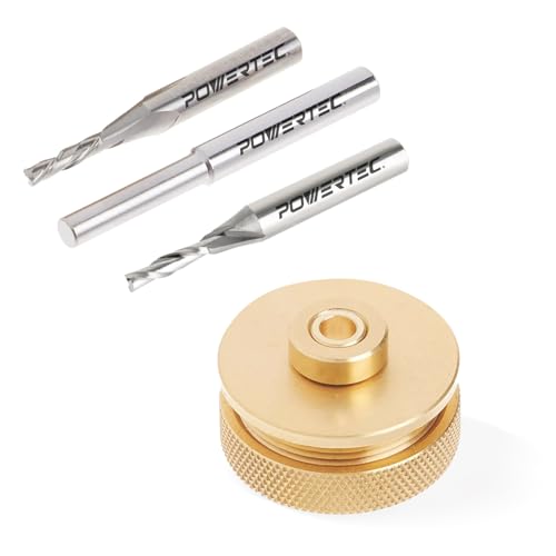 POWERTEC Router Inlay Kit, Solid Brass Bushing Guide Set w/ Alignment Pin, Tungsten Carbide 1/8" Upcut & Downcut Spiral Bits for Router Templates, 1/4" Shank, 1/2" Cutting Depth (72028V) 2PK, 1/4" Shank, 1/8" Up&Downcut Bit
