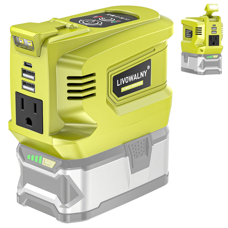 200W Real Power Inverter Compatible with Ryobi 18V, DC 18V to AC 110-120V Battery Inverter, LIVOWALNY Power Station Generator, Charger Adapter Battery Powered Outlet with 2 USB & 1 Type-C & 1 AC No Battery For Ryobi 18V