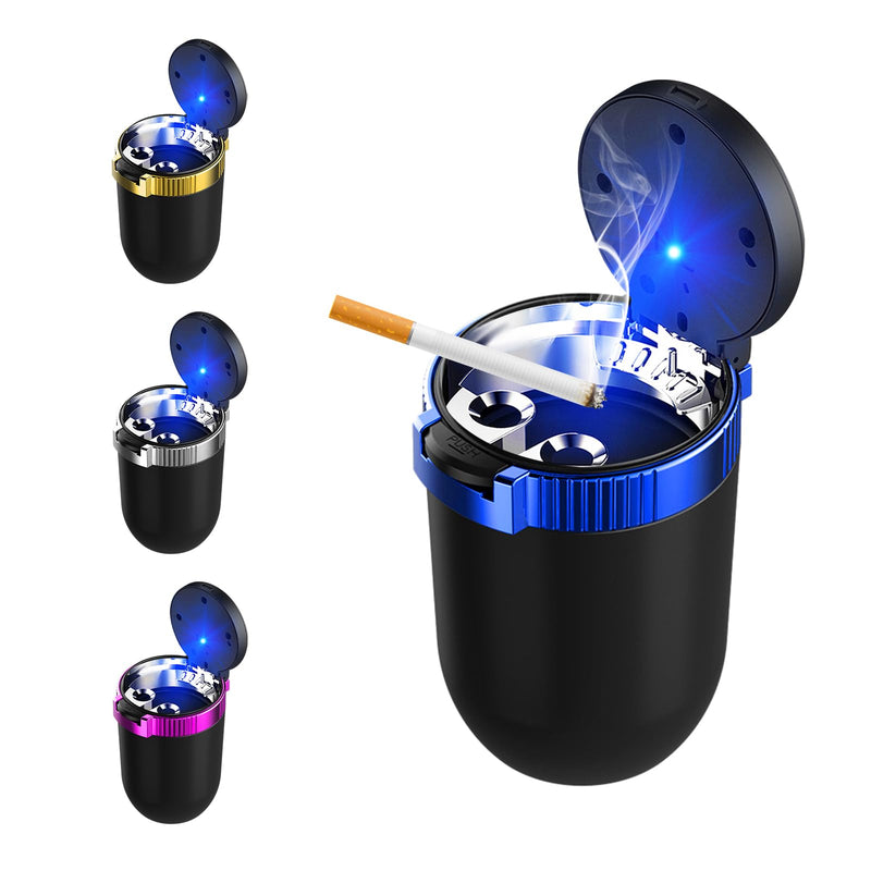 Car Ashtray with Lid, Detachable Stainless Smokeless Auto Ashtray with LED Blue Light, Portable Mini Trash Can for Cup Holder, Universal Vehicle Interior Accessories (Blue)