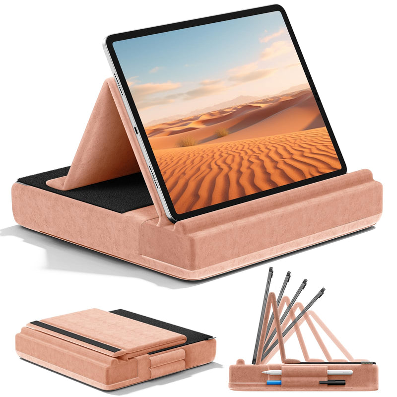 KDD Tablet Pillow Stand, Multi-Angle Viewing Ipad Holder for Lap, Bed and Desk, Foldable Soft Pad Dock with Stylus Mount Compatible with Ipad Pro 12.9, 10.5, 11, Air, Mini, Phones, Books, E-Reader Peach Fuzz