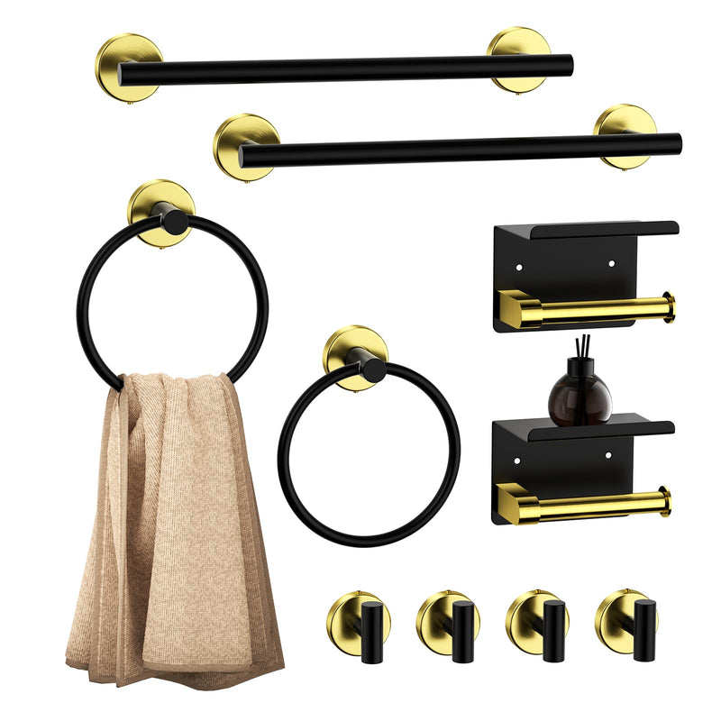 Bathroom Hardware Set 10 Pieces,Towel Bar Set Bathroom Accessories with 16'' Towel Bar Towel Ring Toilet Paper Holder and Towel Hooks Black Gold