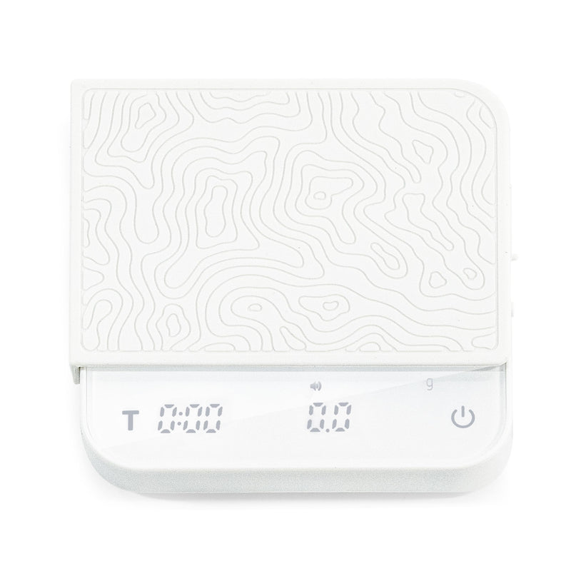 Mini Coffee Scale with Timer – Digital Barista Weight Scale with Designer-Patterned Tamper Mat, 0.1g High Precision, Portable & Rechargeable for Espresso, Pour Over, Drip, and Kitchen Brewing Use White
