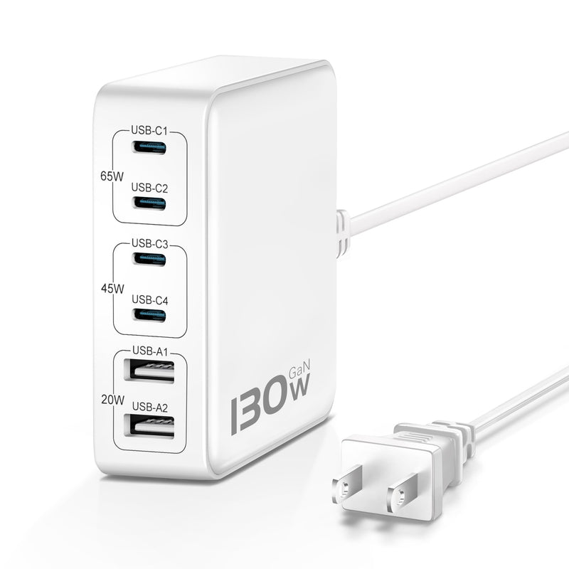 MSTJRY Charging Station for Multiple Devices : 130W 6 Port GaN Fast USB C Charger Station, Compact Multi Port PD 65W 45W Charger for iPhone 16 15/14/13 White