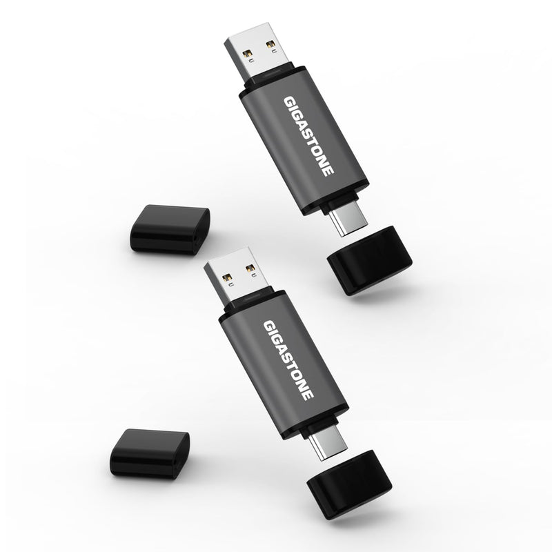 GIGASTONE 128GB Dual Flash Drive (2 Pack) Z40 USB 3.2 Gen 1, 2-in-1 Type-A & Type-C, 100MB/s Ultra Fast, Head Cap Design, Plug & Play for Smartphone/PC/Mac/TV/Car Audio, USB 2.0/3.0/3.1 Compatible Dual A+C 2-Pack