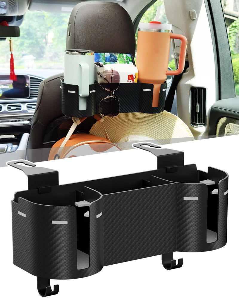 Car Headrest Backseat Cup Holder 3.7" with Organizer, High Capacity 4 in 1 Seat Back Organizer with Headrest Hooks, Multifunctional Storage for Car Travel Accessories Compatible with Most Vehicles 1 PACK GREY+BLACK