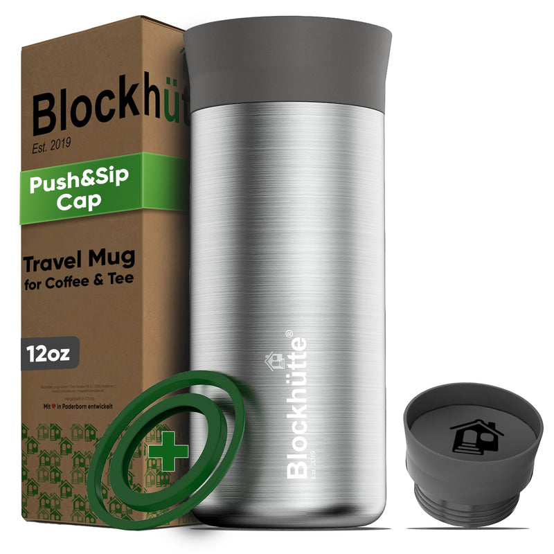 Blockhütte Insulated Coffee Tumblers Stainless Steel, Travel Mug 12oz, Insulated Coffee Cup 8h Hot, Tea Thermos Spill Proof 360 drinking Lid, Leak Proof Thermal Travel Tumbler 12 Ounces Black