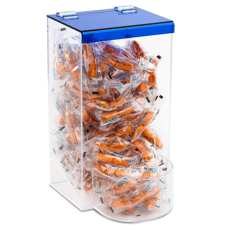 Inevibe Earplug Holder, Universal Clear Acrylic Storage with Blue Lid for Small Bulk Accessories - Finger Cots, Hairnets, Laundry Dishwasher Pods, Packets, Beard Covers, Condiments & Candy