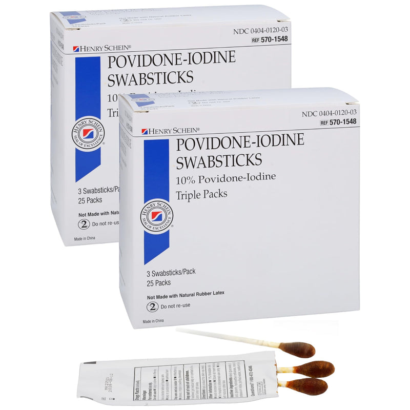 Henry Schein Prep Povidone-Iodine Swabsticks 3's, Individually Packed, Sterile, Antiseptic for Skin Preparation, 10% Povidone-Iodine- 50 Count (Pack of 2) White 50 Count (Pack of 2)