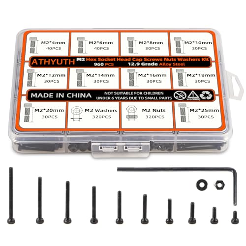 M2 Metric Hex Socket Head Cap Screws Assortment Kit, 960PCS, Black Alloy Steel, M2 Thread, Hex Head, Suitable for 3D Printers, Electronics, Furniture Repair, Mechanical Maintenance, Automotive