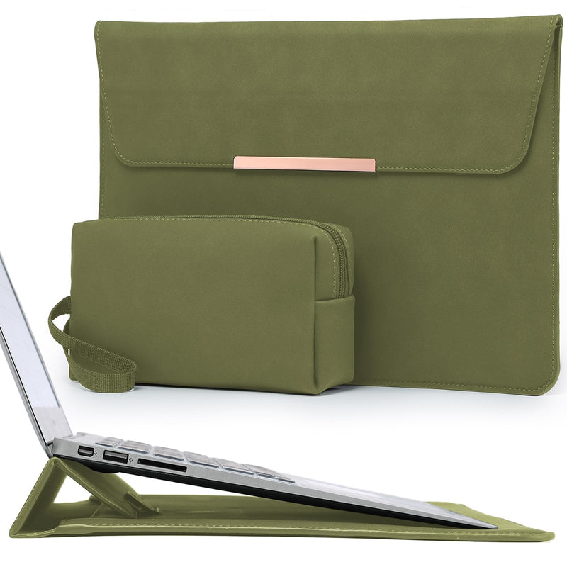 HYZUO 13.3-14 Inch Laptop Sleeve Case with Stand for MacBook Pro 14 M4/M3/M2/M1 2025-2021, MacBook Air/Pro 13.3, 13.8/13.5 Surface Laptop, HP Spectre X360 13/14, Olive Green(Smiley)