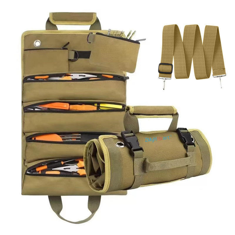 Tool Roll Up Bag, ZMyHeart Tool Organizer Bag,Tools Storage Box,11 Pouches,Grease Resistance,Tools Carrier Bag for Electrician,Mechanic,Plumber,Carpenter,Craftsman,Hobbyist,Gift for Men (Khaki) Khaki