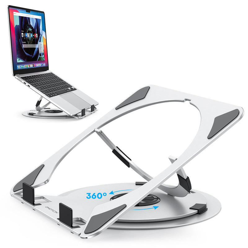 OMOTON Portable Laptop Stand for Desk, Ergonomic Computer Stand with 360° Rotating Base, 5-Level Adjustable Aluminum Foldable Mount, Compatible for 10-15.6" Laptops