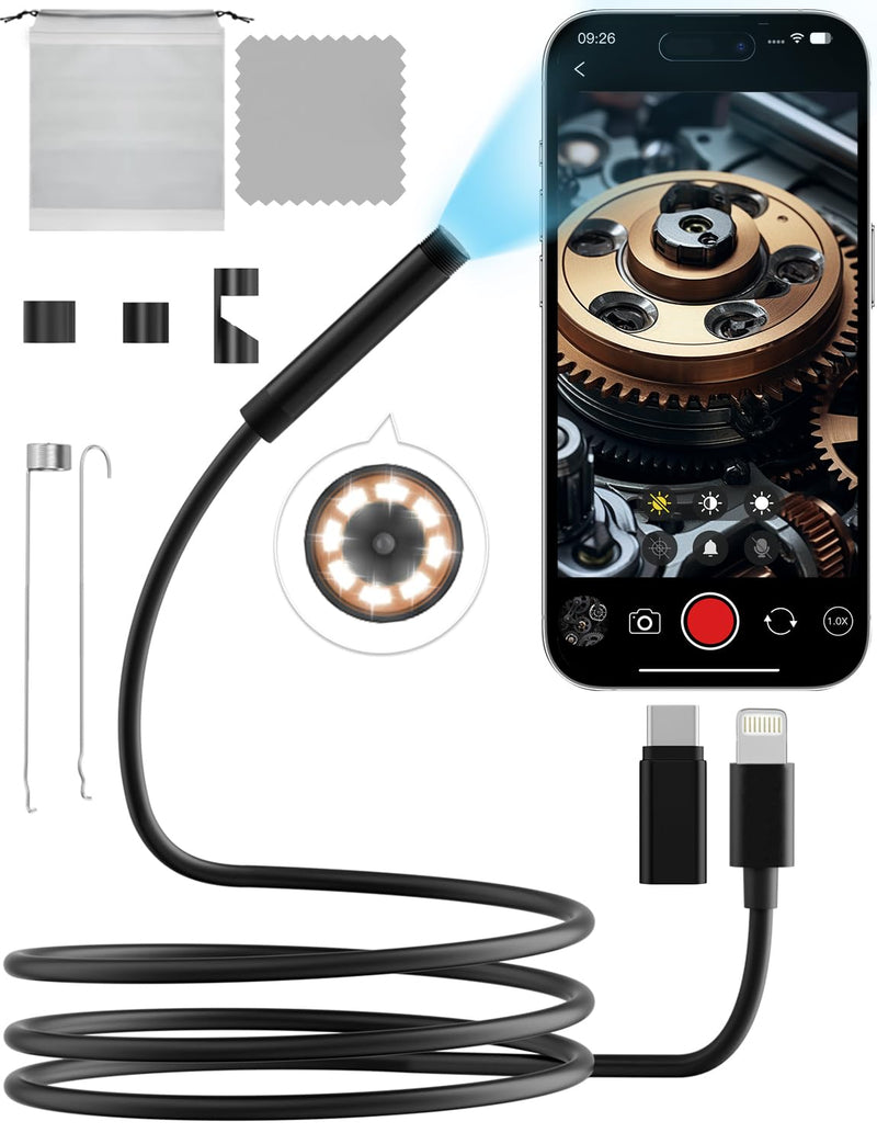 Endoscope Camera with Light 1920P HD, 6FT Semi-Rigid Snake, 8 Adjustable LED Light, 8mm IP67 Waterproof Inspection Camera for iOS